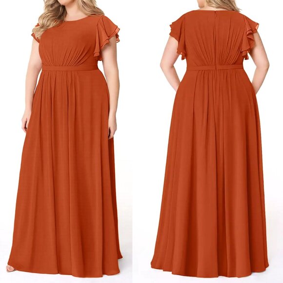 Azazie Daphne Chiffon Burnt Orange Maxi Dress Gown - Picture 1 of 7